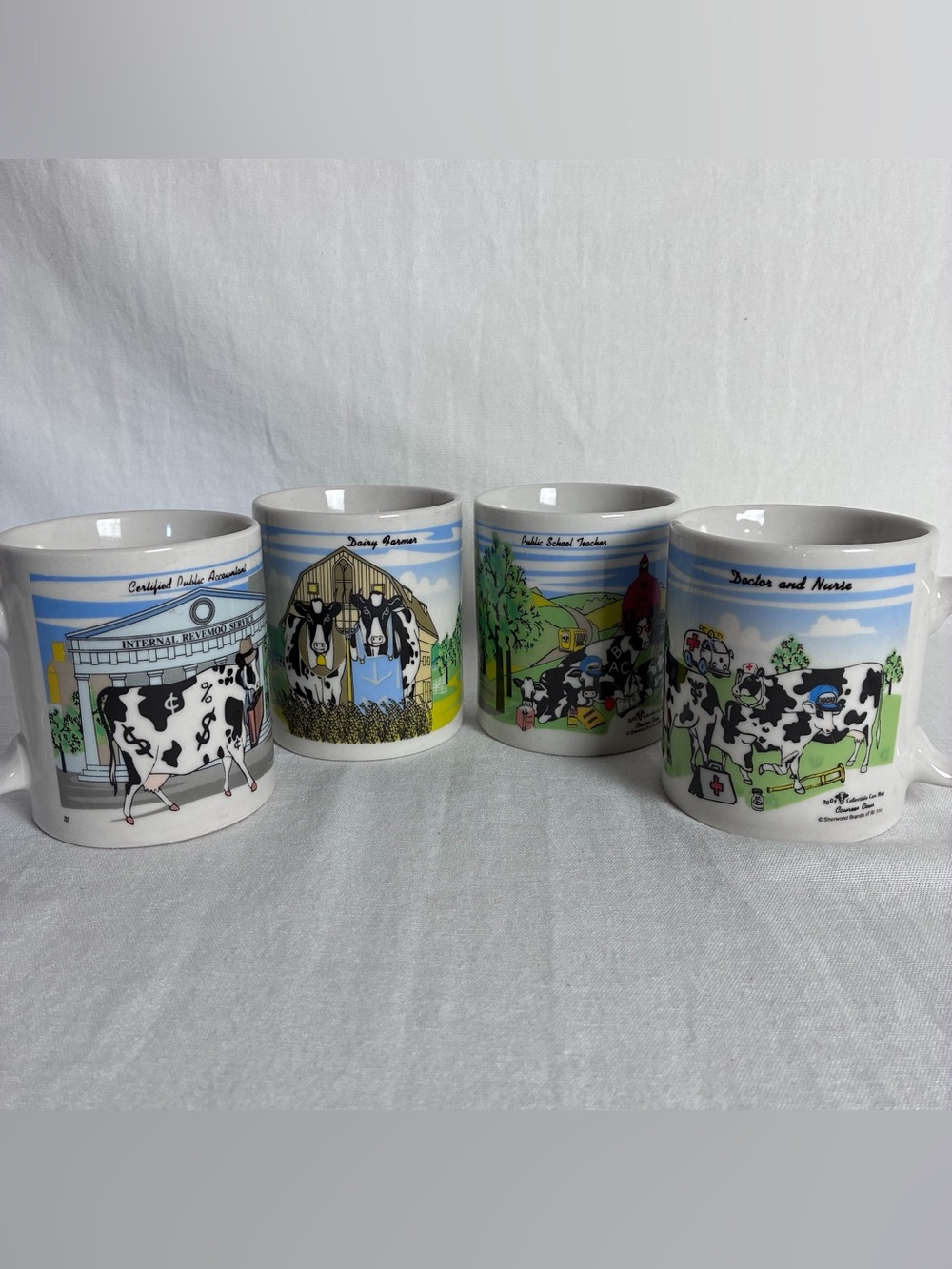 Cow Print Ceramic Mug Set — White Illustrated Farm Scene Mugs (Set of 4)
